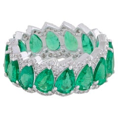Pear 5.85 Ct Emerald Eternity 0.85 Ct Diamond Accents 18k White Gold Band Ring