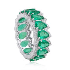 Pear 5.85 Ct Emerald Eternity 0.85 Ct Diamond Accents 18k White Gold Band Ring