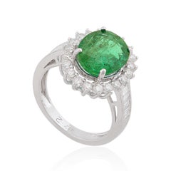 3.8 Carat Oval Emerald Cocktail Ring 1.05 Carat SI/H Diamond 10 Karat White Gold