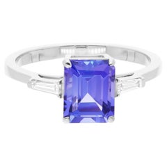 Tanzanite Gemstone Ring Baguette Diamond 14 Karat White Gold Handmade Jewelry
