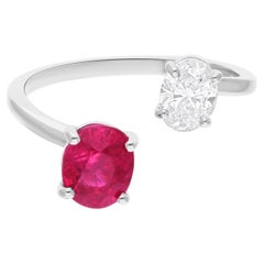 Oval Ruby Wrap Cuff Ring SI Clarity HI Color Diamond 14 Karat White Gold Jewelry