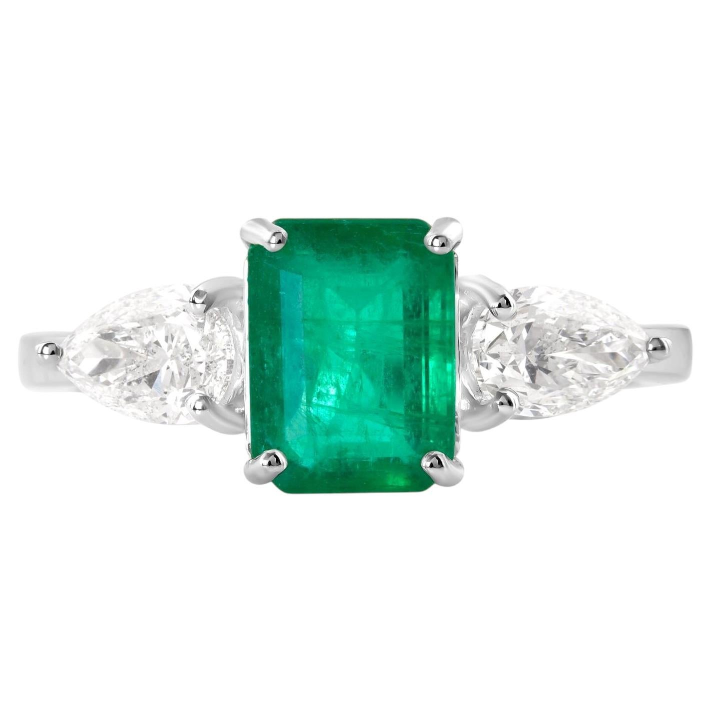 Zambian Emerald & Natural Diamond Three-Stone Ring SI/HI 18K White Gold HRD