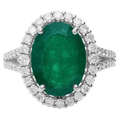 5.12 Carat Oval Zambian Emerald 0.9 Ct Diamond 10 Karat White Gold Cocktail Ring