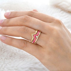 Real Trillion Diamond Triple Chevron Ring Set 18k Yellow Gold Combination Enamel