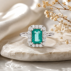 Zambian Emerald 1.5ct & Natural Diamond Halo Cocktail Ring 18K White Gold