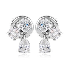 Natural 1.06 Carat Diamond Cluster Drop Stud Earrings, 18K White Gold