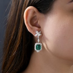 Natural Emerald-Cut Emerald & Diamond Halo Drop Earrings 18K White Gold