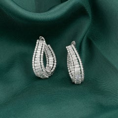 3.38 Ct Natural Baguette & Round Diamond Teardrop Hoop Earrings White Gold