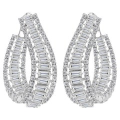 3.38 Ct Natural Baguette & Round Diamond Teardrop Hoop Earrings White Gold