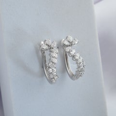 Natural 1.66 Carat Diamond Asymmetric Climber Hoop Earrings 18K White Gold
