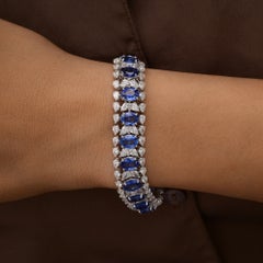 29.30 Ct Natural Oval Sapphire and Diamond Cluster Bracelet, 18K White Gold