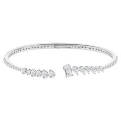 Natural 2.32 Carat Emerald-Cut & Pear Diamond Cuff Bangle in 18K White Gold