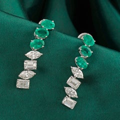 Zambian Emerald Gemstone SI/H Diamond Earrings 18 Karat White Gold