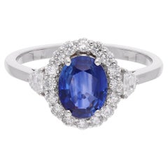 Oval Blue Sapphire Gemstone Cocktail Ring Diamond 18 Karat White Gold Jewelry