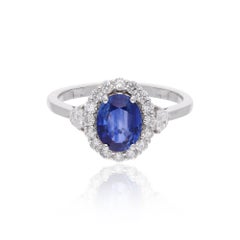 Oval Blue Sapphire Gemstone Cocktail Ring Diamond 18 Karat White Gold Jewelry