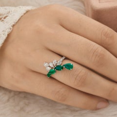 Natural Pear Zambian Emerald Gemstone Ring Diamond 18k White Gold