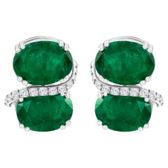12.59 Ct Natural Emerald & 0.39 Ct Diamond Double-Drop Earrings, 18K White Gold