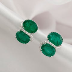 12.59 Ct Natural Emerald & 0.39 Ct Diamond Double-Drop Earrings, 18K White Gold