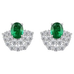 2.50 Ct Natural Emerald 1.73 Ct Diamond Diamond Cluster Earrings, 18K White Gold