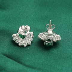2.50 Ct Natural Emerald 1.73 Ct Diamond Diamond Cluster Earrings, 18K White Gold