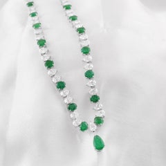Zambian Emerald Gemstone SI/H Diamond Necklace 18 Karat White Gold