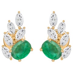 Natural Oval Emerald and Marquise Diamond Cluster Stud Earrings 18k Yellow Gold