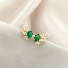 Natural Oval Emerald and Marquise Diamond Cluster Stud Earrings 18k Yellow Gold