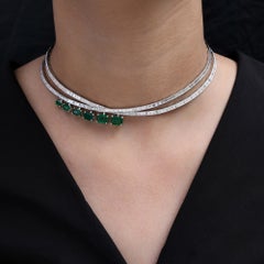 Zambian Emerald Gemstone Choker Necklace Diamond 18 Karat White Gold