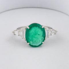 5.48 Ct. Zambian Emerald 0.63 Carat SI/H Diamond Ring 18 Karat White Gold