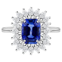 Blue Sapphire Gemstone SI/H Diamond Ring 18k White Gold Jewelry