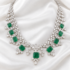 Zambian Emerald Gemstone SI/H Diamond Necklace 18 Karat White Gold