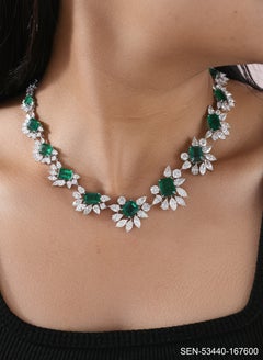 Zambian Emerald Gemstone Necklace SI/H Diamond 18 Karat White Gold