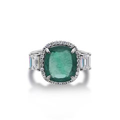 Cushion Zambian Emerald Diamond Halo Cocktail Birthstone Ring 14K White Gold