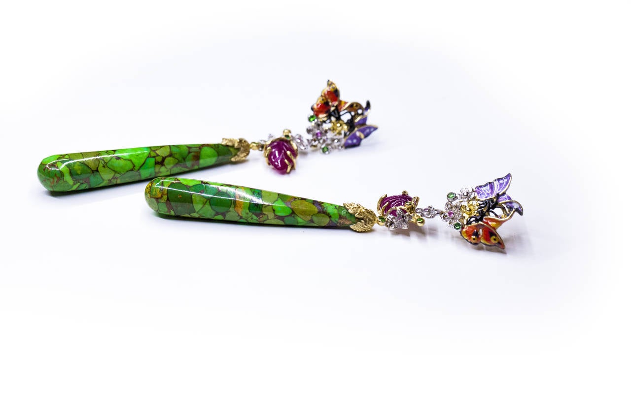 Green Turquoise Gem Set Gold Drop Earrings