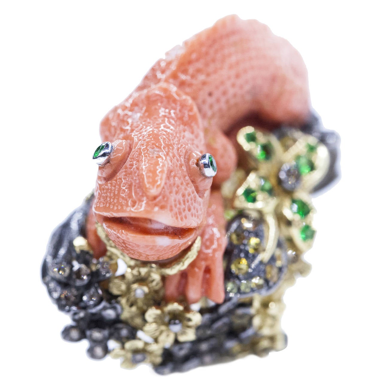 Coral Gemset Gold Chameleon Sculpture Ring For Sale