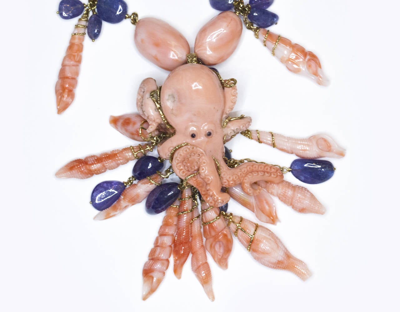Coral Tanzanite Gold Sculpture Necklace