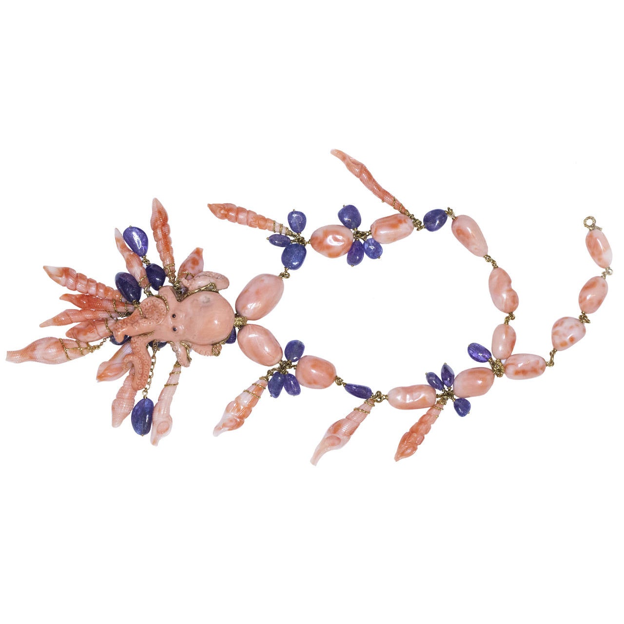 Coral Tanzanite Gold Sculpture Necklace For Sale