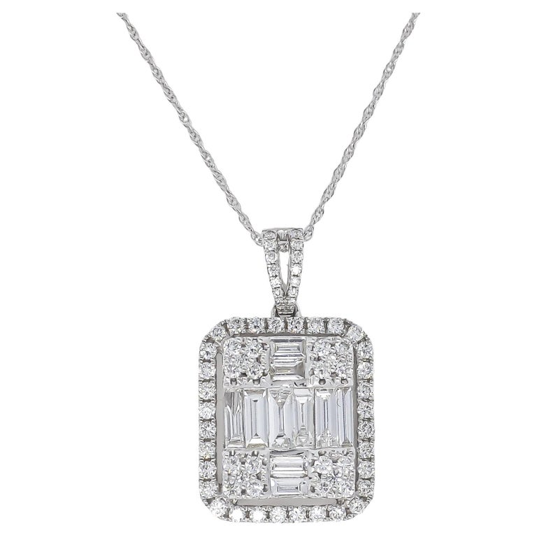18KT White Gold Baguette Round Natural Diamonds Cluster Halo Pendant ...