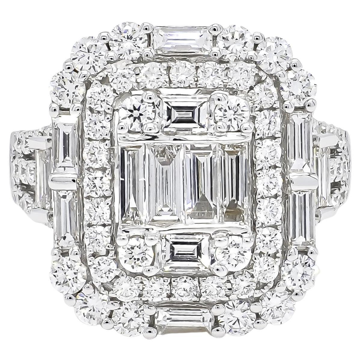 18KT White Gold Art Deco Baguette Round Diamond Cluster Double Halo Ring