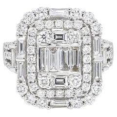 18KT White Gold Art Deco Baguette Round Diamond Cluster Double Halo Ring