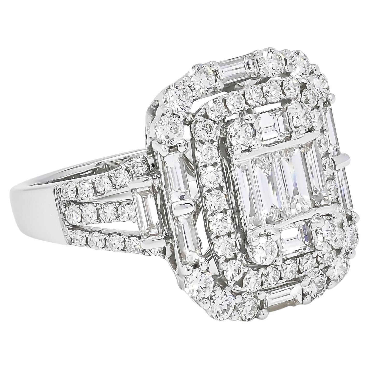 For Sale:  18KT White Gold Art Deco Baguette Round Diamond Cluster Double Halo Ring 2