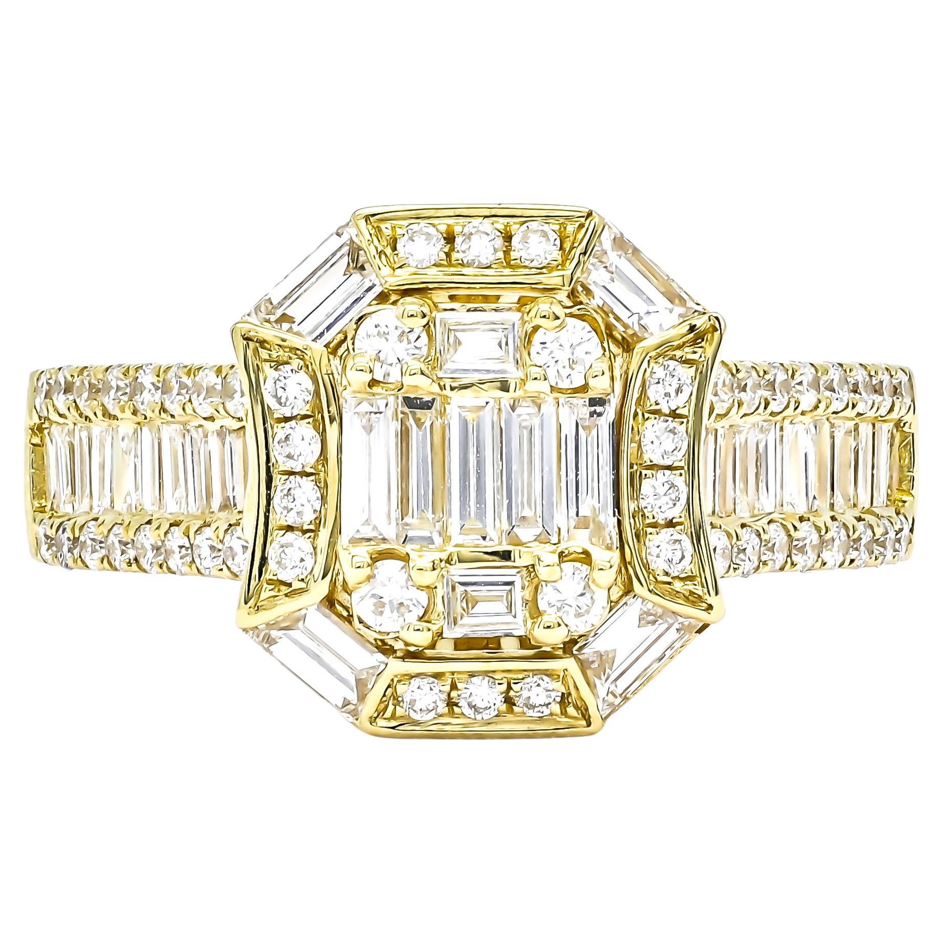 Bague de fiançailles Art déco en or blanc 18 carats avec grappe de diamants ronds baguettes et halo
