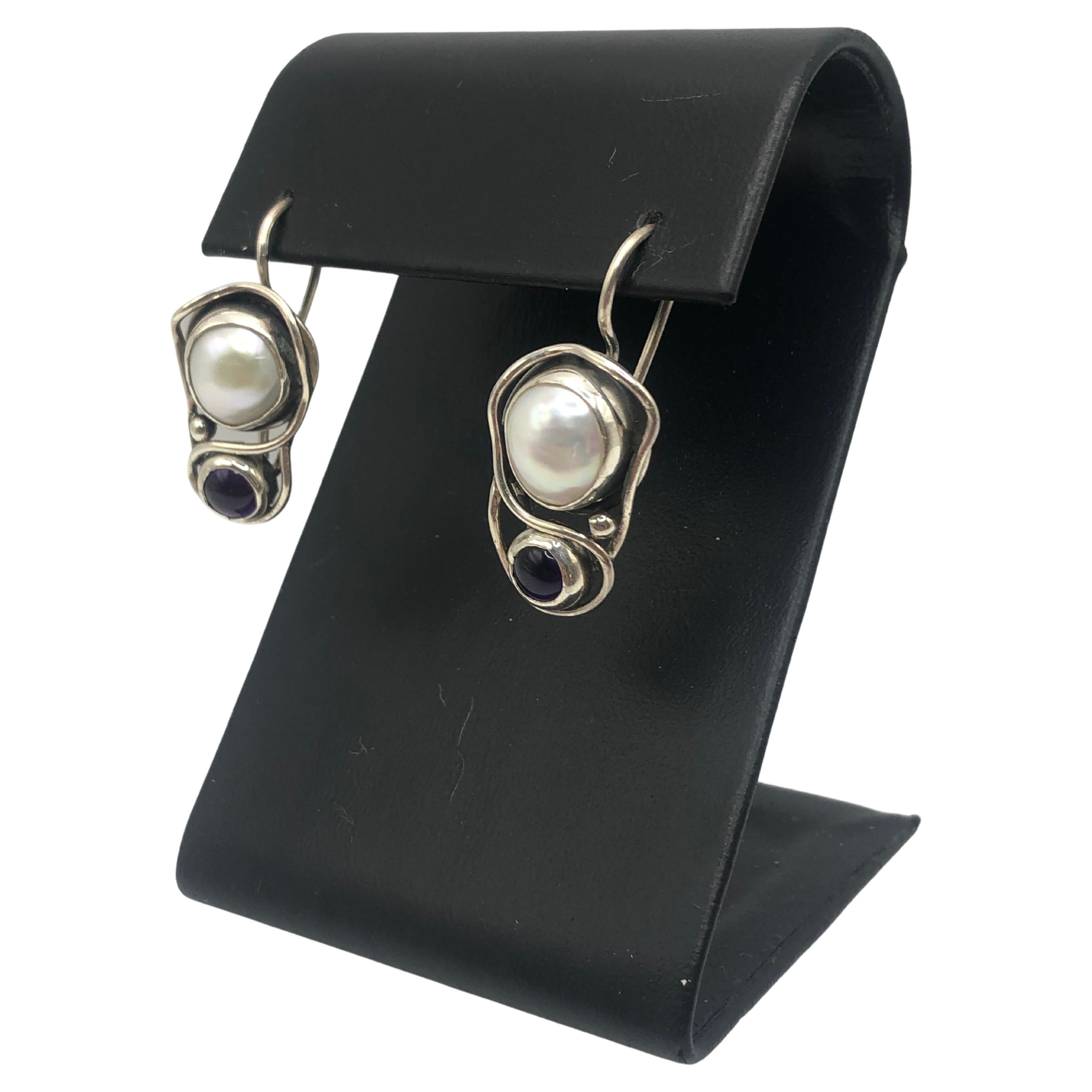 Sterling Silver Earrings with Freshwater Pearl and Garnet  For Sale