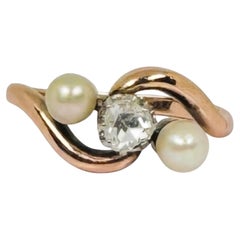 Ring 18k Rose Gold Crossover with Natural Rose-Cut Diamond Saltwater Pearls
