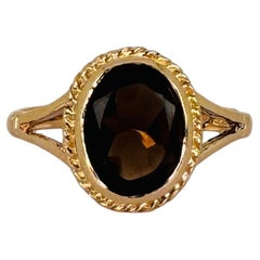 Anello solitario vintage in oro giallo 9K con quarzo fumé ovale