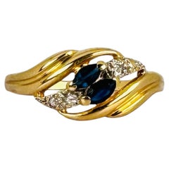 18K Yellow Gold Marquise Blue Sapphire and Diamond Ring