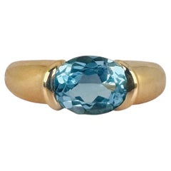 Vintage 18K Yellow Gold Ring with 4 Carat Oval Blue Topaz, 1980