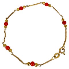 14K Yellow Gold Red Corals Bracelet, Good Condition