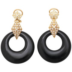 Black Onyx Diamond Gold Hoop Earrings