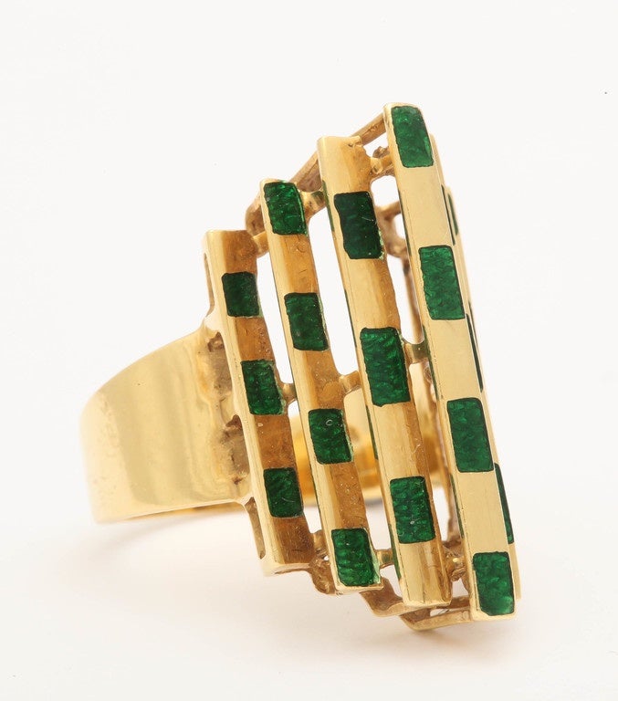 Cool 18kt Green Enamel & 18kt Yellow Gold Architectural Ring.  Playful & witty Looks different from every angle. Size 7 1/2 but can be sized and weighs 8.9grams.